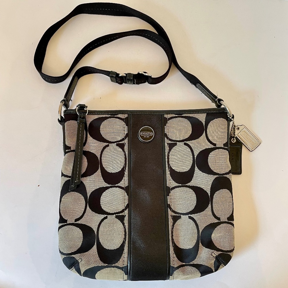 Coach Signature Canvas Slim Soho Hobo Bag Black Tan